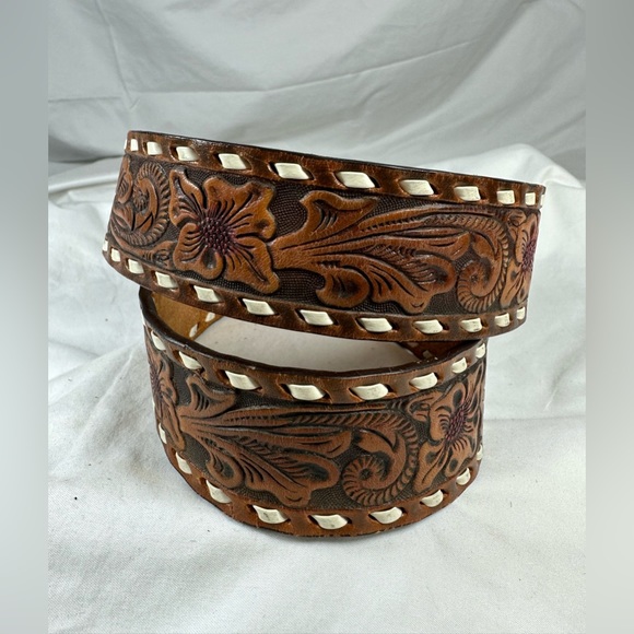 Vintage Kennedy half dollar buckle tan Wrangler leather belt tooled size 36 - Picture 6 of 13